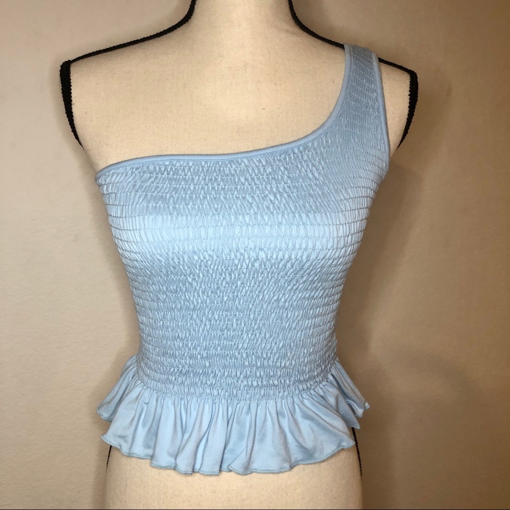 Gaze Baby Blue Ruffle One Shoulder Stretchy Peplum Blouse Top Size S - Picture 1 of 5
